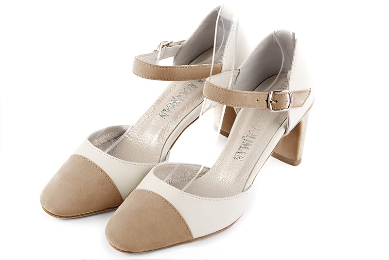 Tan beige and off white women's open side shoes, with an instep strap. Round toe. Medium comma heels. Front view - Florence KOOIJMAN